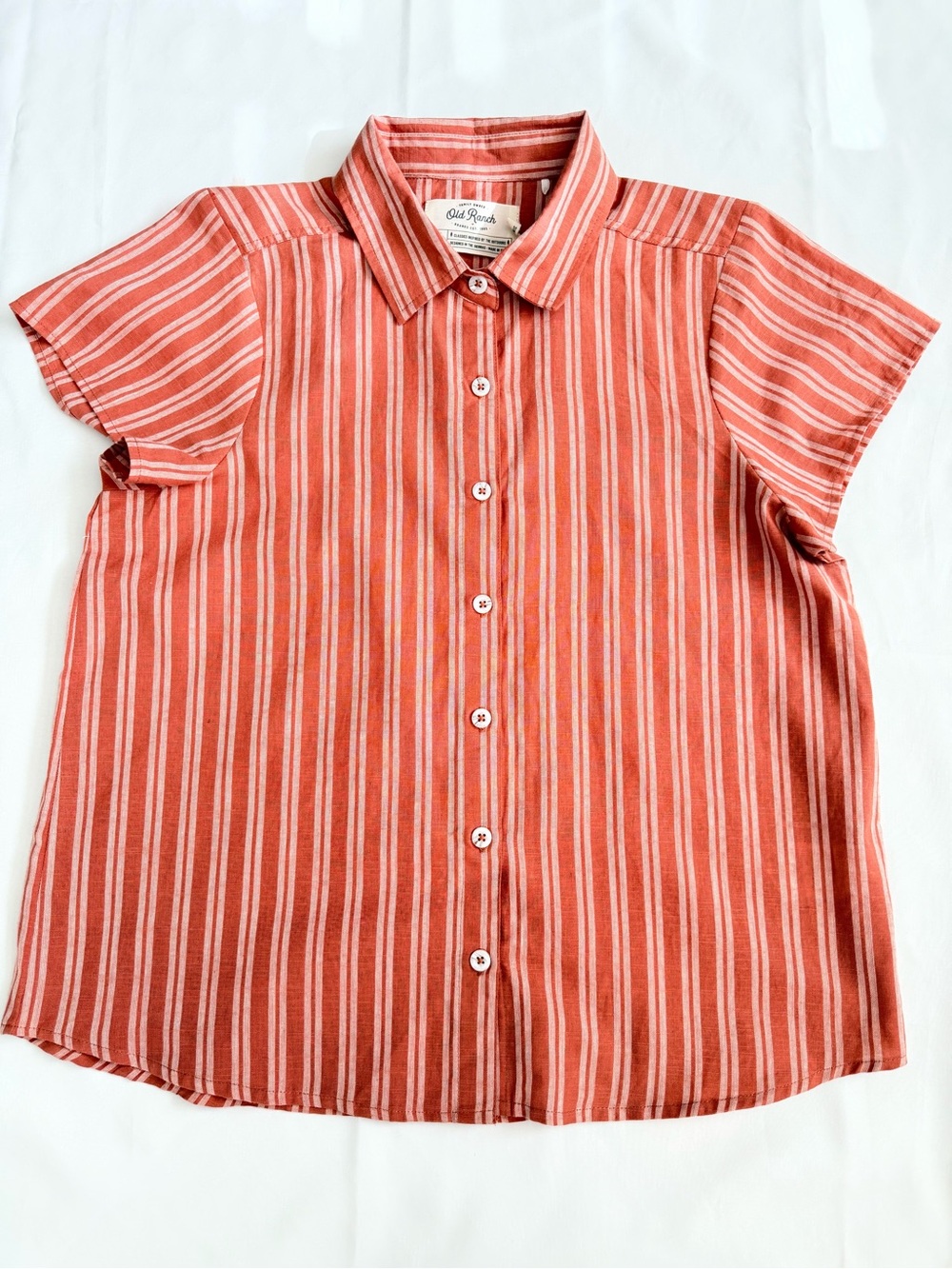 Old Ranch Shirt Womens M Short Sleeve Button Up Shirt Coral Stripes Cotton. T103